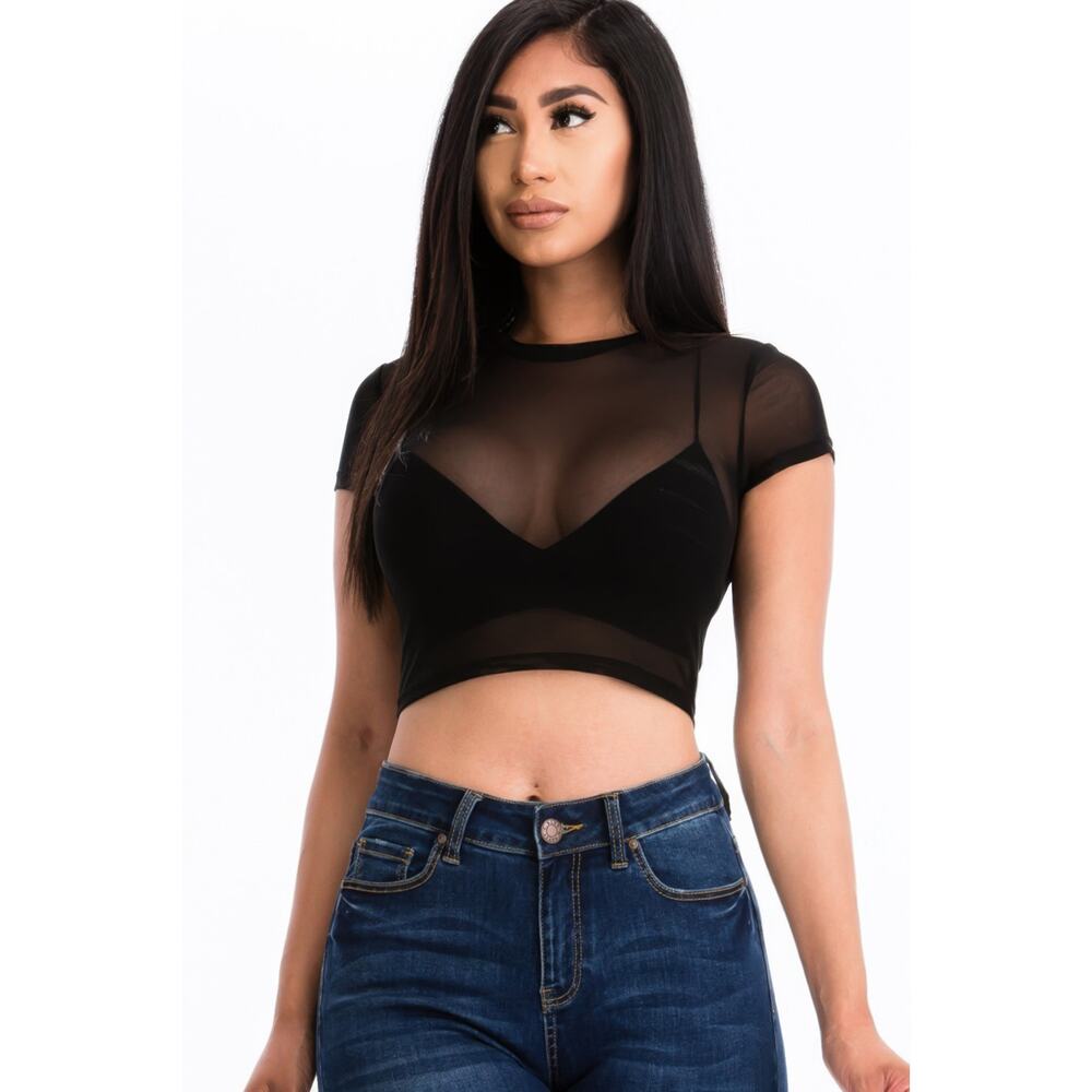 HackleBee | Black Sexy Mesh Sheer Short Sleeve Crop Top Size S, M, L